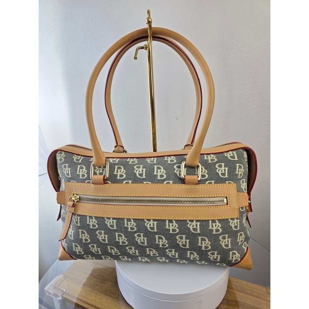 Dooney & Bourke Signature Monogram Canvas Satchel Grey Tan Leather Trim Bag - Picture 2 of 16